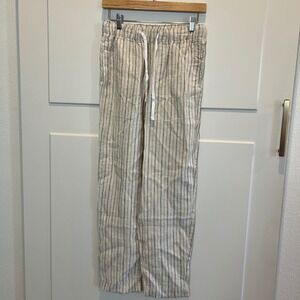 H&M Womens XS Linen Blend Striped Drawstring Casual Pants Trousers Euc Cream